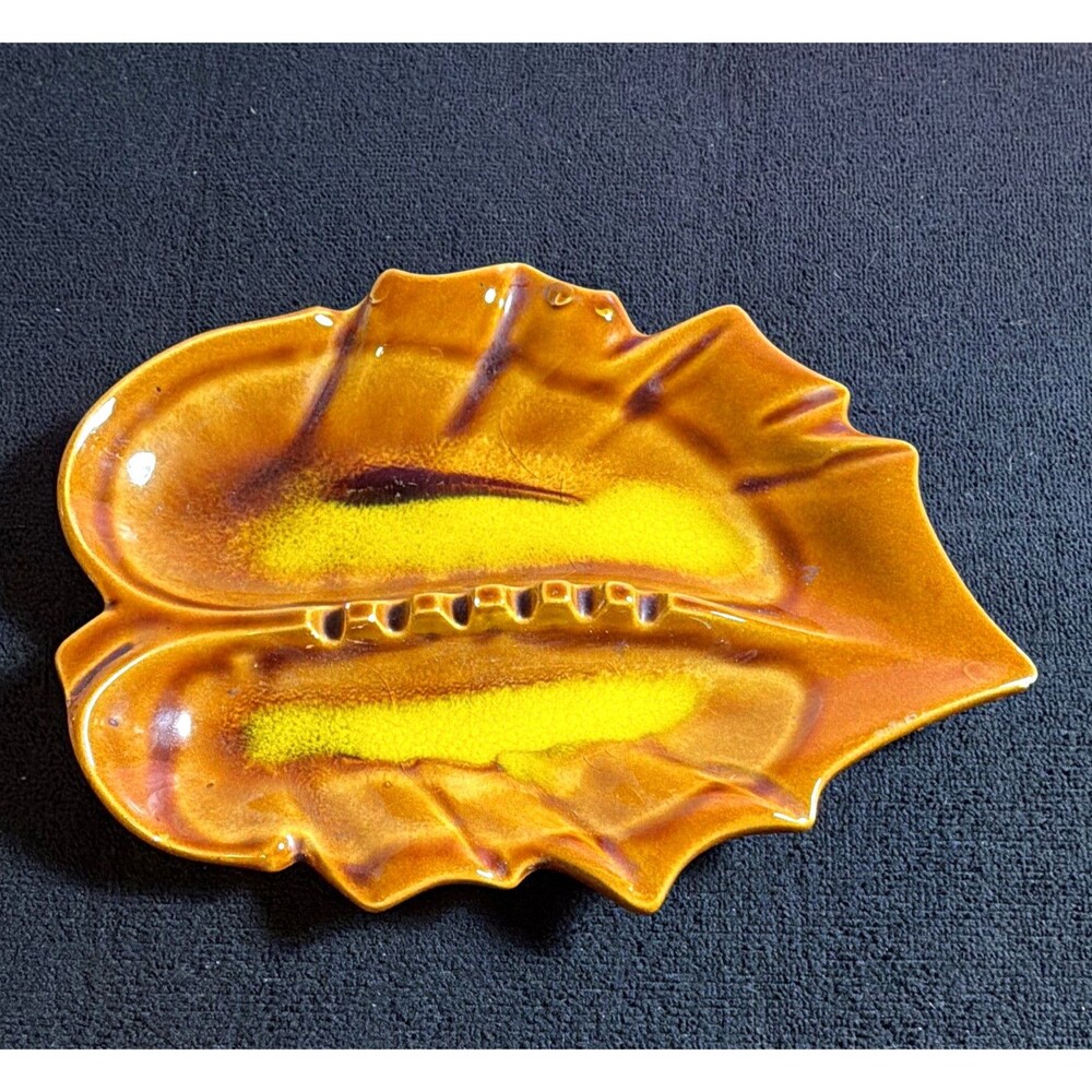 Japan Decorative Leaf Ceramic Ashtray Glossy Glazed Brown Yellow Printed Mark